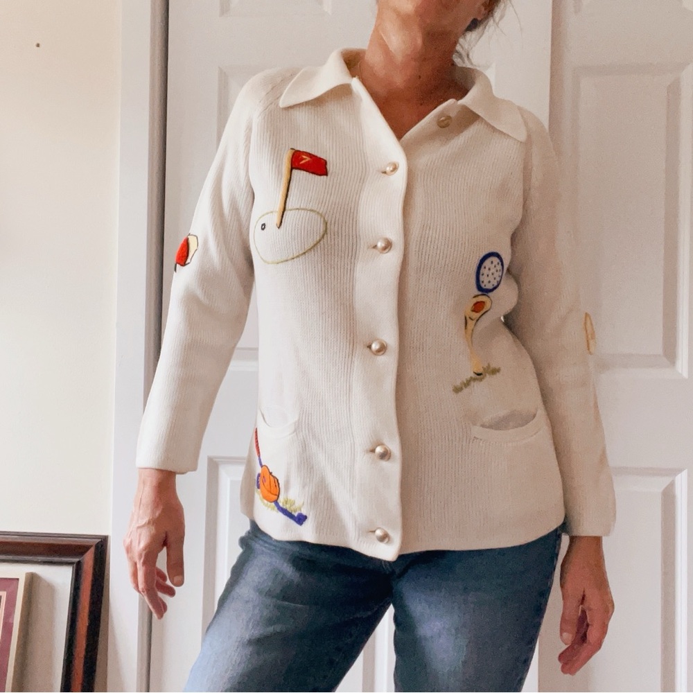 Vintage Womens golf‎ cream cardigan embroidered cardigan sweater size L